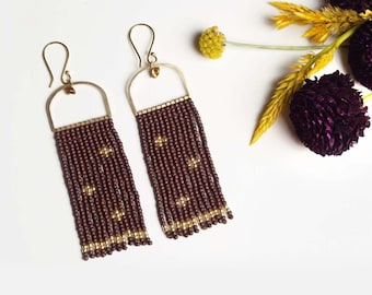 Brown and Gold Handmade Fringe Earrings, Abstract Earrings