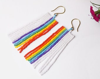 Rainbow fringe earrings , handmade