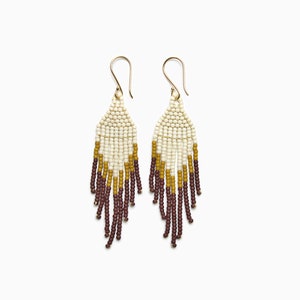 White and brown handmade beaded earrings/fringe earrings image 1