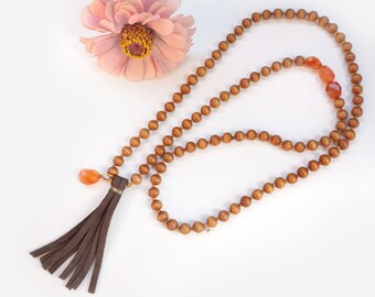 Sandal wood long necklace with Carnelian gemstone