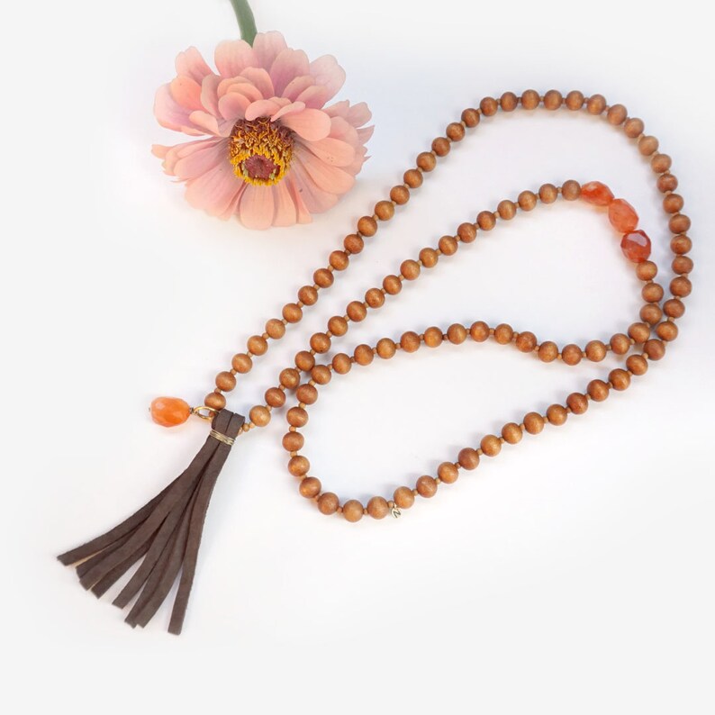 Sandal wood long necklace with Carnelian gemstone image 1