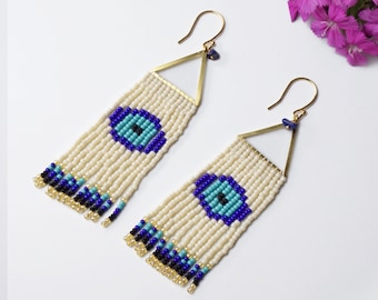 Evil eye fringe earrings, beaded earrings, dangle earrings, brass triangles with lapis luizi gemstone