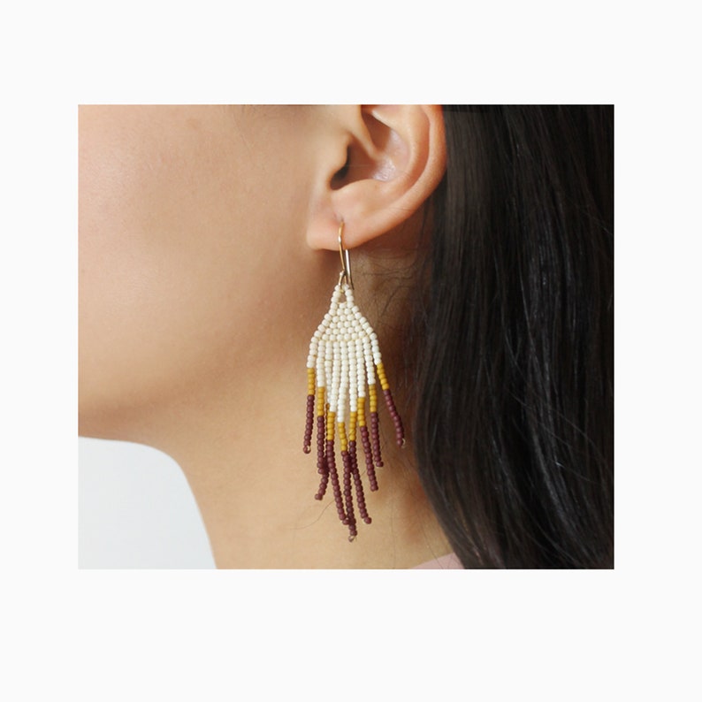 White and brown handmade beaded earrings/fringe earrings image 2