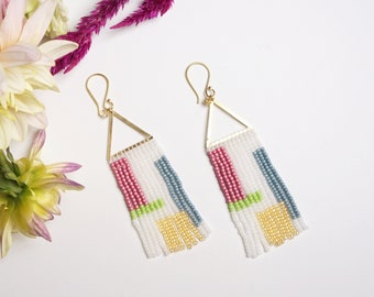 Abstract earrings, beaded earrings, fringe earrings, geometric earrings, triangle earrings