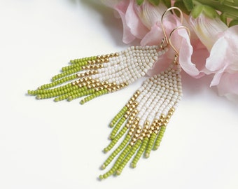 Green and white handmade beaded earrings/ fringe earrings