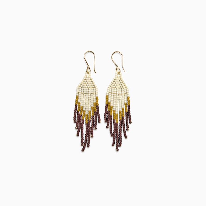 White and brown handmade beaded earrings/fringe earrings image 1