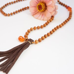 Sandal wood long necklace with Carnelian gemstone image 2