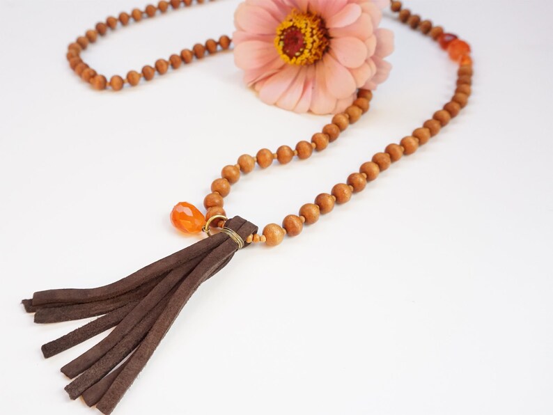 Sandal wood long necklace with Carnelian gemstone image 2