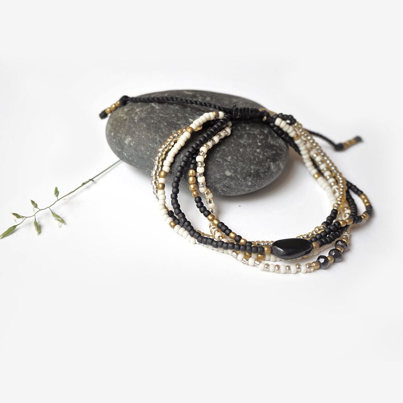 Handmade layered white and black adjustable bracelet with black onyx gemstone image 4