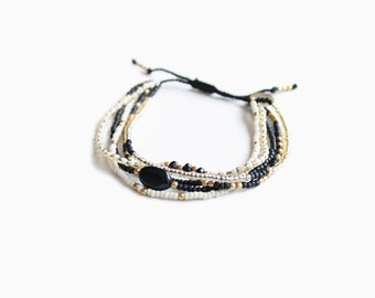 Handmade layered white and black adjustable bracelet with black onyx gemstone