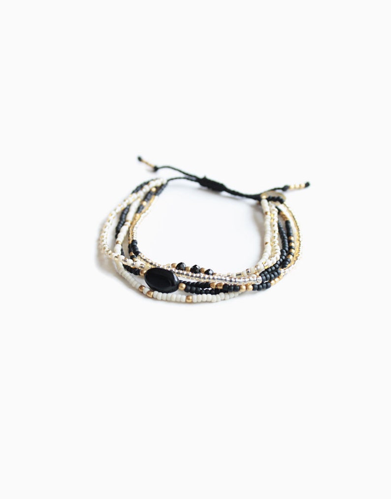 Handmade layered white and black adjustable bracelet with black onyx gemstone image 1