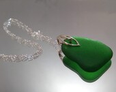 Green Sea Glass, Silver Open Leaf Bail and Chain