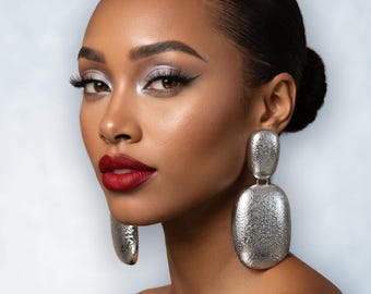Oversized Silver Dangle Earrings: Big Bold Geometric African Statement Earrings