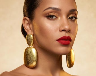 Può includere: Una donna con capelli scuri e rossetto rosso indossa grandi orecchini dorati e strutturati. Gli orecchini sono rettangolari con bordi arrotondati, appesi ai lobi delle orecchie. Lo sfondo è di un tono caldo e neutro.