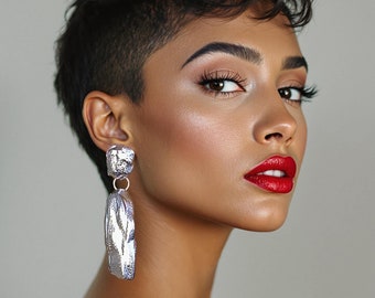 Long Silver Bold Statement Dangle Earrings: African Geometric Boho