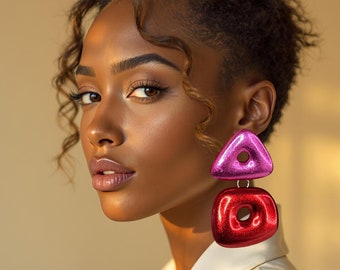 Big Geometric Statement Dangle Earrings: Red Pink African, Colorful, Lightweight