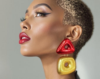 Long Red & Gold Geometric Statement Earrings: Bold Lightweight African Dangles