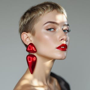 Peut inclure: Une femme aux cheveux blonds courts portant du rouge à lèvres rouge et de grandes boucles d'oreilles en forme de cœur rouge.