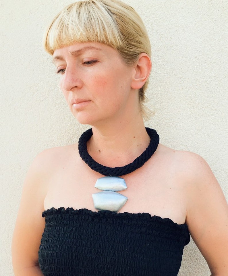 Silver Black Necklace Pendant Big Chunky African Bold Boho Statement Huge Large Bib Modern Jewelry Polymer clay Unusual