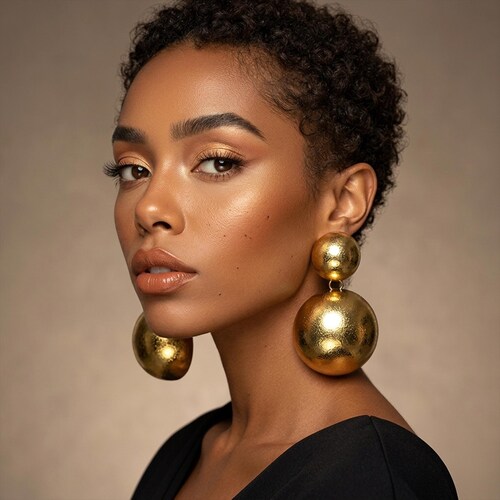 Big Gold Ball Statement Dangle Earrings: African Geometric, Big Modern Boho