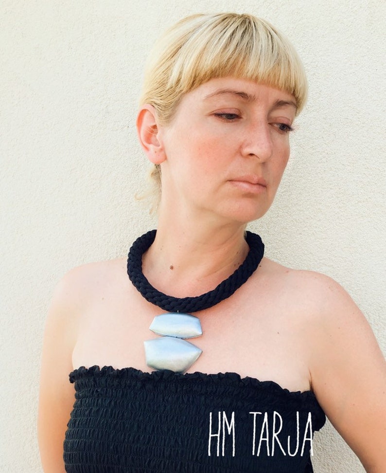Silver Black Necklace Pendant Big Chunky African Bold Boho Statement Huge Large Bib Modern Jewelry Polymer clay Unusual