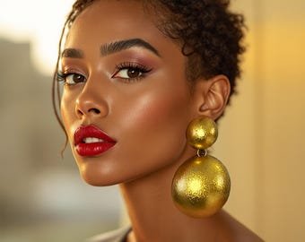 Big Gold Ball Statement Dangle Earrings: African Geometric, Big Modern Boho