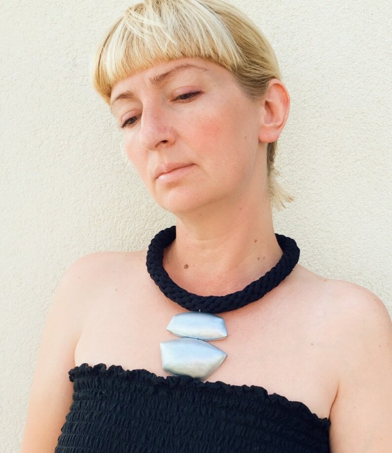Silver Black Necklace Pendant Big Chunky African Bold Boho Statement Huge Large Bib Modern Jewelry Polymer clay Unusual