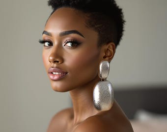Oversized Silver Dangle Earrings: Big Bold Geometric African Statement Earrings