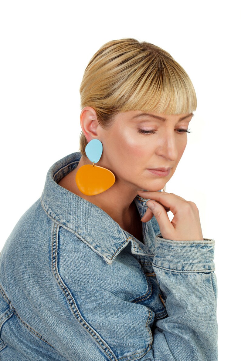 Big Blue & Mustard Gold Statement Earrings Minimalist Etsy