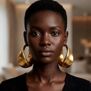 May include: A pair of large, thick, gold-toned hoop earrings with a smooth, curved, and sculptural design. The earrings feature a polished metallic finish that reflects light, creating a bold and prominent appearance against the dark background.