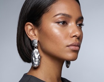 Long Silver Bold Statement Dangle Earrings: African Geometric Boho