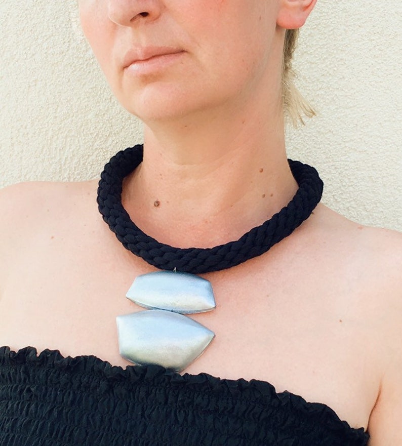 Silver Black Necklace Pendant Big Chunky African Bold Boho Statement Huge Large Bib Modern Jewelry Polymer clay Unusual