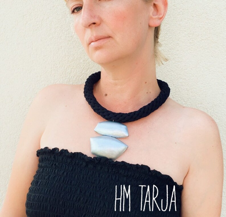 Silver Black Necklace Pendant Big Chunky African Bold Boho Statement Huge Large Bib Modern Jewelry Polymer clay Unusual
