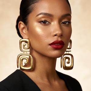Könnte beinhalten: Eine Frau mit großen, goldfarbenen, geometrischen Ohrringen. Die Ohrringe haben ein doppeltes quadratisches Design mit einem Spiralmuster. Sie trägt ein schwarzes Oberteil und roten Lippenstift. Der Hintergrund ist eine weiche, neutrale Farbe.