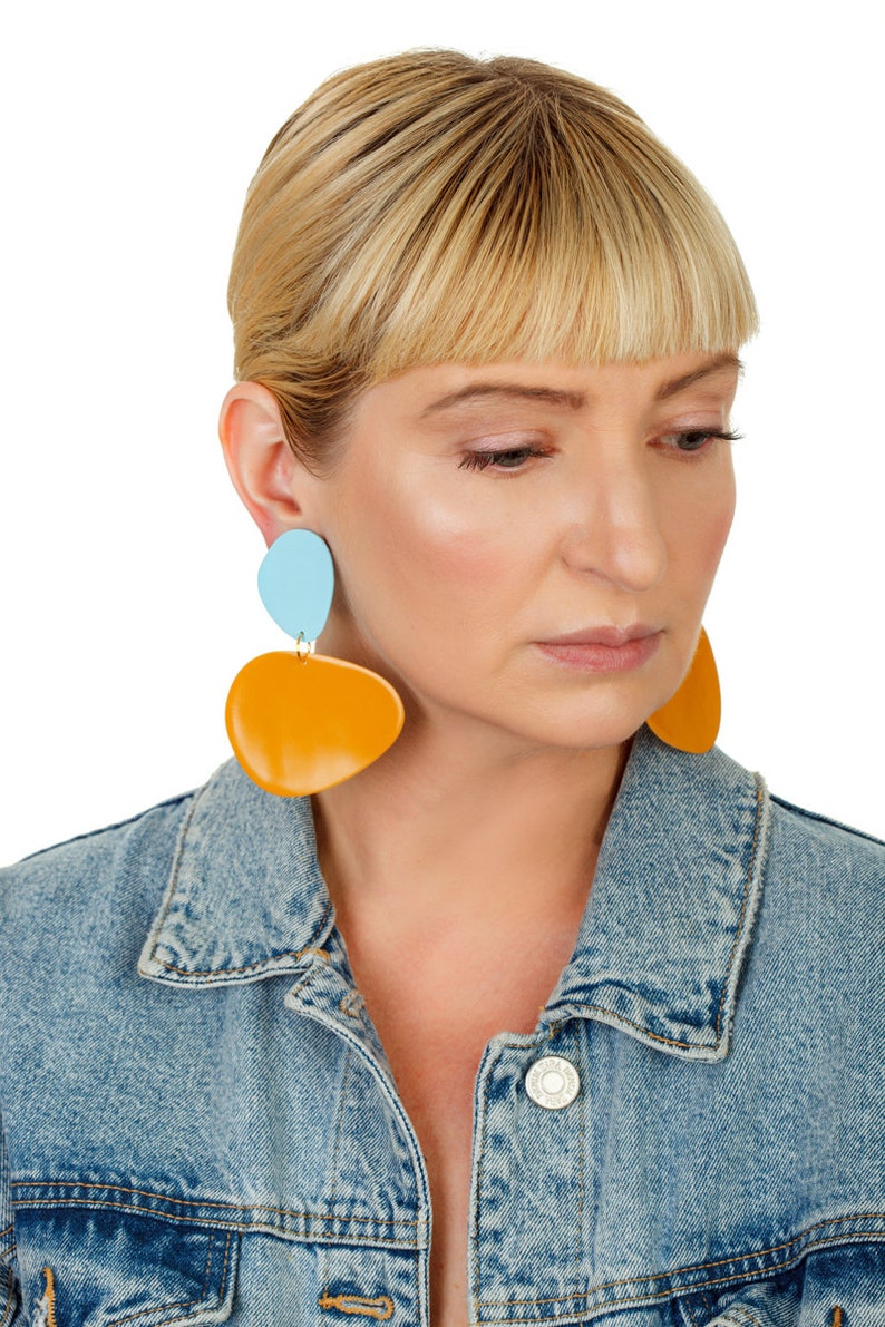 Big Blue & Mustard Gold Statement Earrings Minimalist Etsy