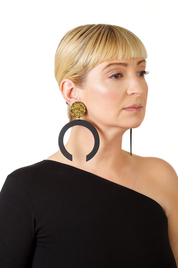 Polymer Clay Earrings Gold Hoop, Clay Hoop Earrings, Polymer Clay Black and Gold Earrings