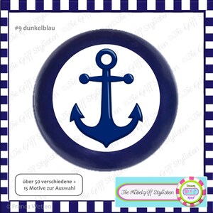 May include: A blue and white round sticker with a navy blue anchor in the center. The sticker has the text "#9 dunkelblau" at the top.