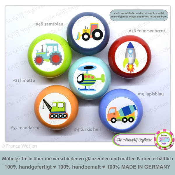 Möbelknauf Kinder 6er Set bunte Möbelgriffe Fahrzeuge Massivholz Buche Holz Schubladengriffe Türknäufe Einsatzfahrzeuge Rakete Bagger Auto