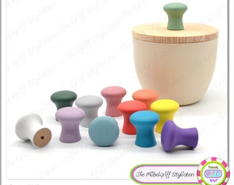 Mini Möbelknopf Möbelknauf klein Holz-Griff matte Kreidefarben pastell bunt 1 Stück 25 mm uni Buche handbemalt einfarbig