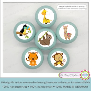 May include: Six colorful round knobs with different animal illustrations. The knobs are light blue with a white border. The animals include a giraffe, a toucan, a sloth, a llama, a tiger, and a monkey.