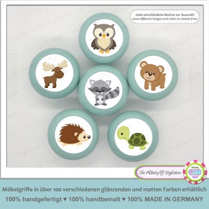 May include: Six round, light blue knobs with different animal illustrations. The animals are an owl, moose, raccoon, hedgehog, turtle, and bear. The knobs are 100% handmade and hand-painted.