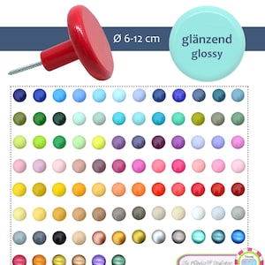 Könnte beinhalten: Ein Set mit 72 runden Holzgriffen in verschiedenen Farben, darunter Blau, Grün, Gelb, Rosa, Rot und Metallic-Oberflächen. Die Griffe haben einen Durchmesser von 6 bis 12 Zentimetern und eine glänzende Oberfläche. Der Text "glänzend glossy" ist im Bild sichtbar.