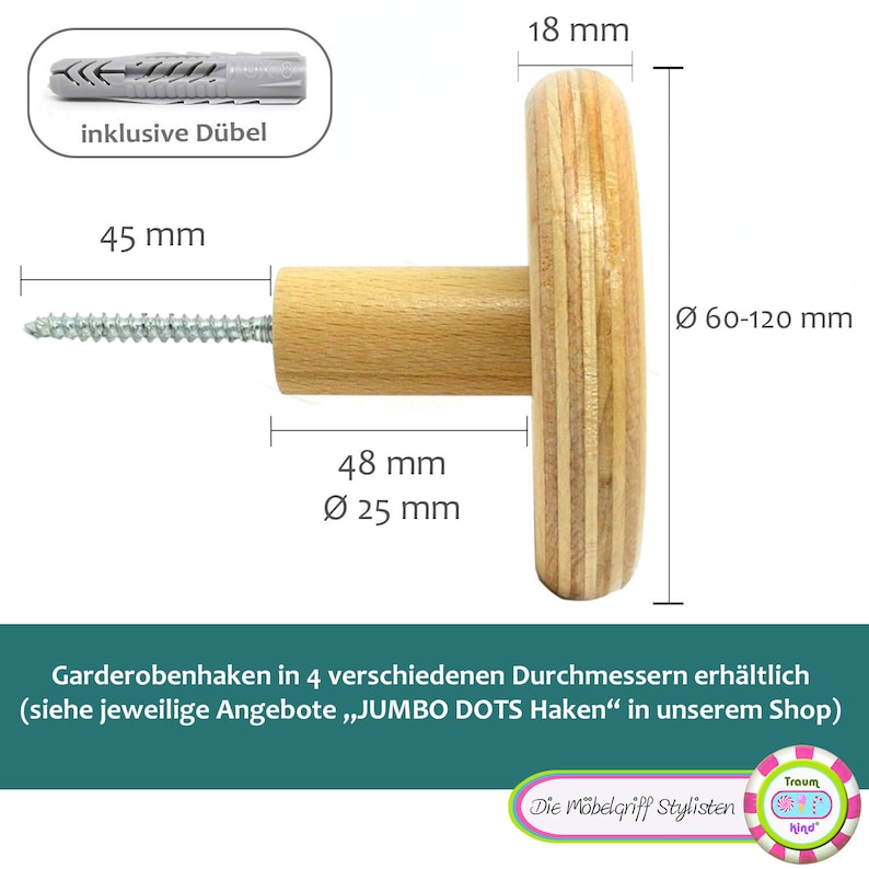 Wandhaken Garderobenhaken 1 Stück JUMBO KNOBS XL 6-12 cm uni bunt Kleiderhaken matt oder glänzend Haken Wandbefestigung Holz Massivholz groß Bild 6