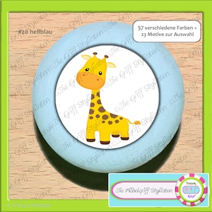 Möbelknopf Kinderzimmer Tiere Giraffe Babyzimmer Kommodengriff Wickelkommode rund Baby hellblau Buche handbemalt Kinder bunt gelb Möbelknauf