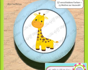 Möbelknopf Kinderzimmer Tiere Giraffe Babyzimmer Kommodengriff Wickelkommode rund Baby hellblau Buche handbemalt Kinder bunt gelb Möbelknauf