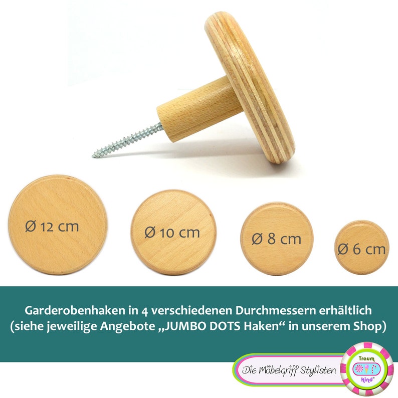 9er Set retro Garderobenhaken Holz Wandhaken Kinderzimmer rund JUMBO KNOBS XL bunt Kleiderhaken Haken Wandbefestigung Bild 5