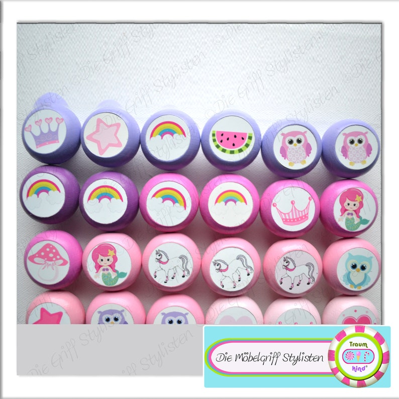 B Ware 1x Furniture knob wood colorful girl pink pink rainbow crown owl cloud horse heart hand painted dresmock handle furniture handle handy round