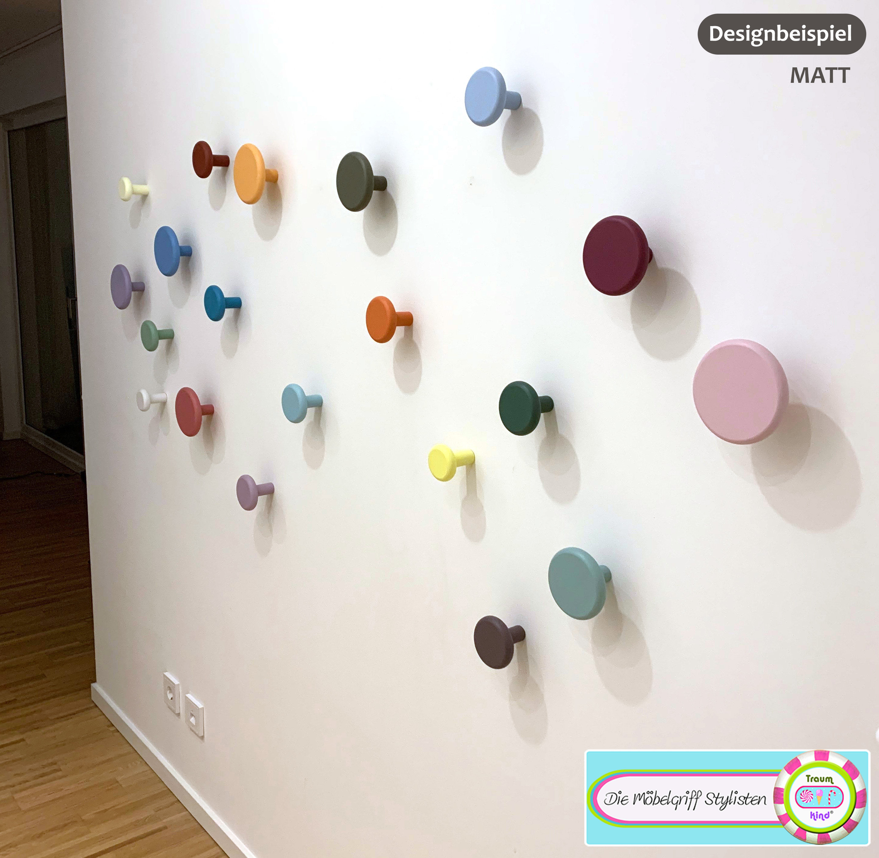JUMBO KNOBS Matte Garderobenhaken Wandhaken Kreidefarbe 6er Set rund bunt Kleiderhaken Haken Wandaufhängung Mantelhaken Holz mattfarben grau