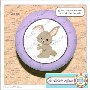 May include: A purple wooden knob with a white sticker featuring a cartoon bunny holding a carrot. The sticker says "57 verschiedene Farben + 14 Motive zur Auswahl".