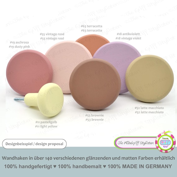 Matte Garderobenhaken Wandhaken Kreidefarbe 7er Set rund JUMBO KNOBS bunt Kleiderhaken Haken Wandaufhängung Mantelhaken Holz mattfarben grau